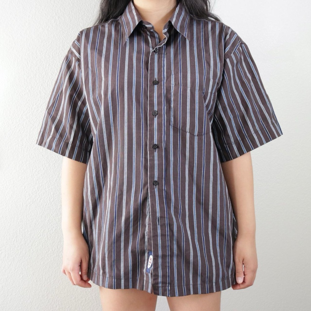 NSI brand men's brown and blue striped button down shirt